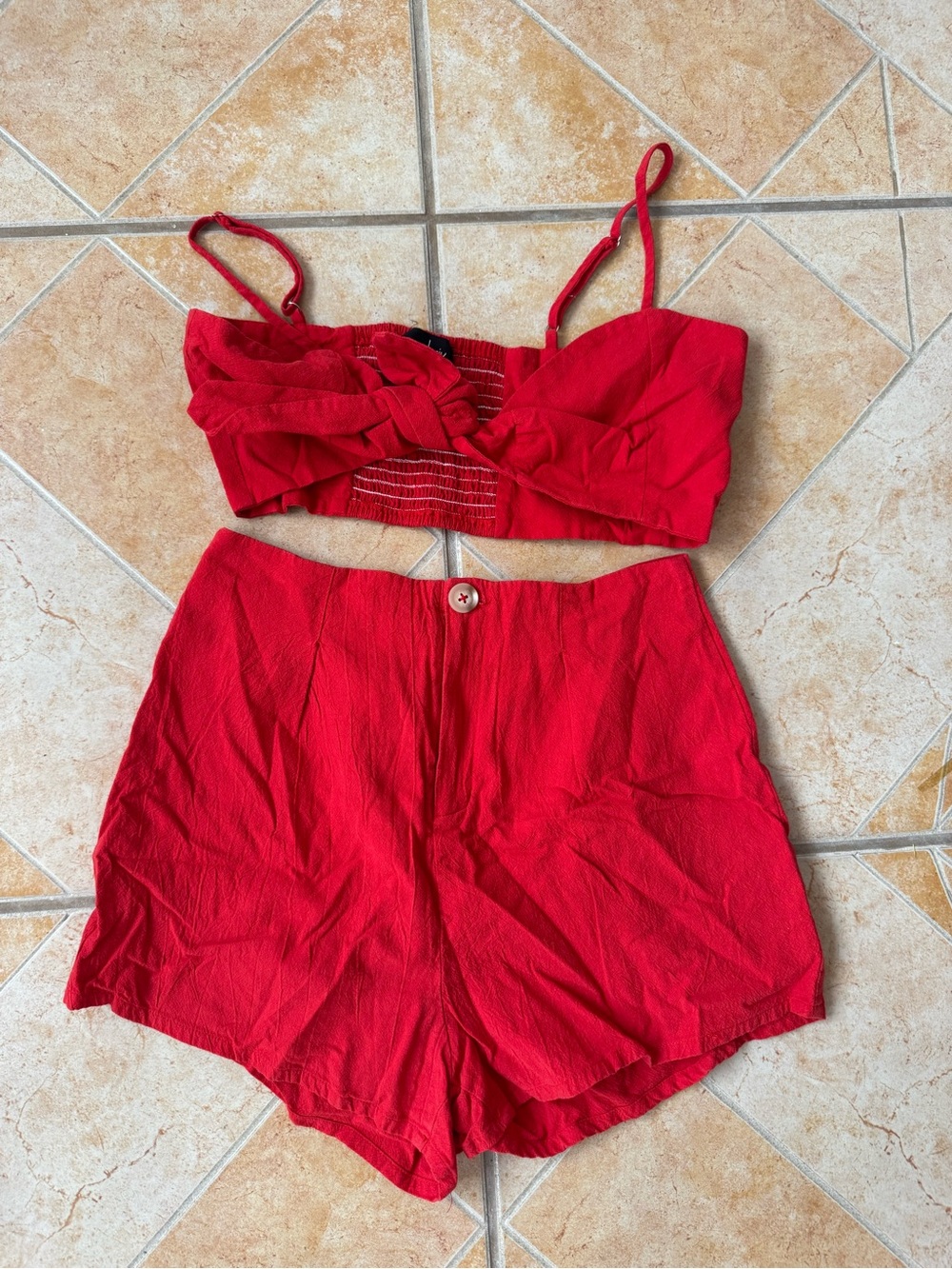 Red Two-Piece Romper Set - Crop Top & High-Waist Shorts